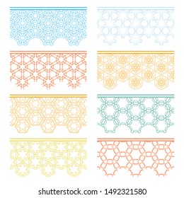 Set of colorful seamless borders, line patterns. Tribal ethnic arabic, indian decorative ornaments, fashion lace collection. Isolated design elements for headline, banners, wedding invitation cards