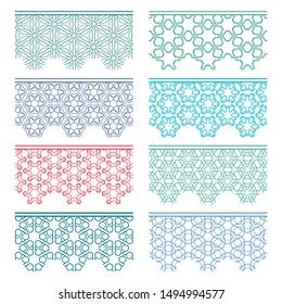 Set of colorful seamless borders, line patterns. Tribal ethnic arabic, indian decorative ornaments, fashion lace collection. Isolated design elements for headline, banners, wedding invitation cards