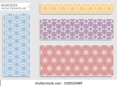 Set of colorful seamless borders, line patterns. Tribal ethnic arabic, indian decorative ornaments, fashion lace collection. Isolated design elements for headline, banners, wedding invitation cards