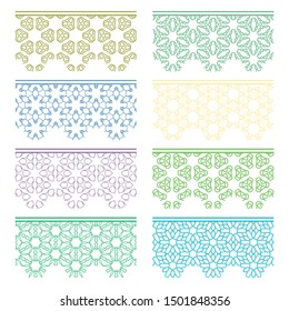 Set of colorful seamless borders, line patterns. Tribal ethnic arabic, indian decorative ornaments, fashion lace collection. Isolated design elements for headline, banners, wedding invitation cards