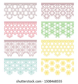 Set of colorful seamless borders, line patterns. Tribal ethnic arabic, indian decorative ornaments, fashion lace collection. Isolated design elements for headline, banners, wedding invitation cards