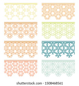 Set of colorful seamless borders, line patterns. Tribal ethnic arabic, indian decorative ornaments, fashion lace collection. Isolated design elements for headline, banners, wedding invitation cards