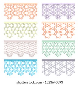 Set of colorful seamless borders, line patterns. Tribal ethnic arabic, indian decorative ornaments, fashion lace collection. Isolated design elements for headline, banners, wedding invitation cards