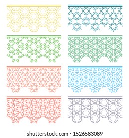 Set of colorful seamless borders, line patterns. Tribal ethnic arabic, indian decorative ornaments, fashion lace collection. Isolated design elements for headline, banners, wedding invitation cards