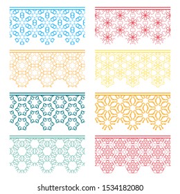 Set of colorful seamless borders, line patterns. Tribal ethnic arabic, indian decorative ornaments, fashion lace collection. Isolated design elements for headline, banners, wedding invitation cards