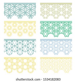 Set of colorful seamless borders, line patterns. Tribal ethnic arabic, indian decorative ornaments, fashion lace collection.  