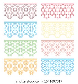Set of colorful seamless borders, line patterns. Tribal ethnic arabic, indian decorative ornaments, fashion lace collection. Isolated design elements for headline, banners, wedding invitation cards