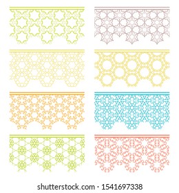 Set of colorful seamless borders, line patterns. Tribal ethnic arabic, indian decorative ornaments, fashion lace collection. Isolated design elements for headline, banners, wedding invitation cards