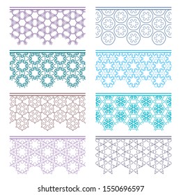 Set of colorful seamless borders, line patterns. Tribal ethnic arabic, indian decorative ornaments, fashion lace collection. Isolated design elements for headline, banners, wedding invitation cards