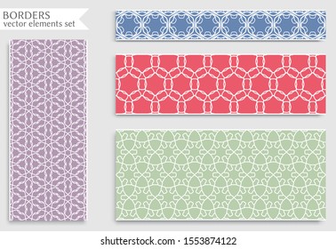 Set of colorful seamless borders, line patterns. Tribal ethnic arabic, indian decorative ornaments, fashion lace collection. Isolated design elements for headline, banners, wedding invitation cards