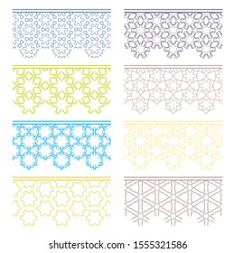Set of colorful seamless borders, line patterns. Tribal ethnic arabic, indian decorative ornaments, fashion lace collection. Isolated design elements for headline, banners, wedding invitation cards