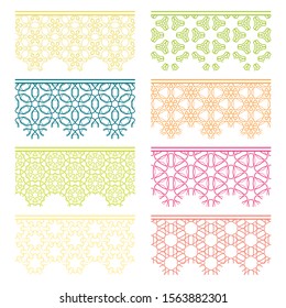 Set of colorful seamless borders, line patterns. Tribal ethnic arabic, indian decorative ornaments, fashion lace collection. Isolated design elements for headline, banners, wedding invitation cards