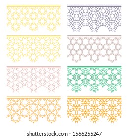Set of colorful seamless borders, line patterns. Tribal ethnic arabic, indian decorative ornaments, fashion lace collection. Isolated design elements for headline, banners, wedding invitation cards