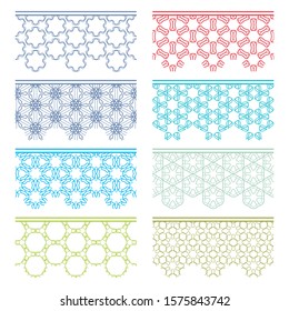 Set of colorful seamless borders, line patterns. Tribal ethnic arabic, indian decorative ornaments, fashion lace collection. Isolated design elements for headline, banners, wedding invitation cards