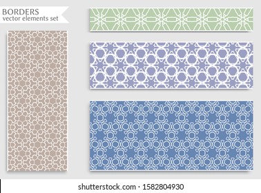 Set of colorful seamless borders, line patterns. Tribal ethnic arabic, indian decorative ornaments, fashion lace collection. Isolated design elements for headline, banners, wedding invitation cards