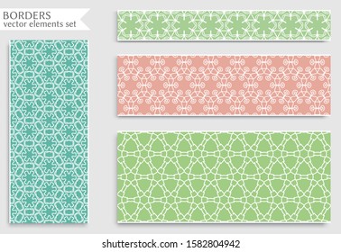 Set of colorful seamless borders, line patterns. Tribal ethnic arabic, indian decorative ornaments, fashion lace collection. Isolated design elements for headline, banners, wedding invitation cards