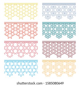 Set of colorful seamless borders, line patterns. Tribal ethnic arabic, indian decorative ornaments, fashion lace collection. Isolated design elements for headline, banners, wedding invitation cards