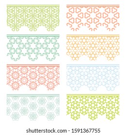 Set of colorful seamless borders, line patterns. Tribal ethnic arabic, indian decorative ornaments, fashion lace collection. Isolated design elements for headline, banners, wedding invitation cards