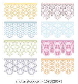 Set of colorful seamless borders, line patterns. Tribal ethnic arabic, indian decorative ornaments, fashion lace collection. Isolated design elements for headline, banners, wedding invitation cards