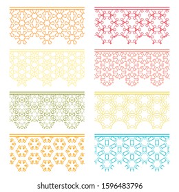 Set of colorful seamless borders, line patterns. Tribal ethnic arabic, indian decorative ornaments, fashion lace collection. Isolated design elements for headline, banners, wedding invitation cards