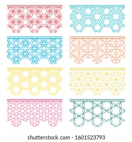 Set of colorful seamless borders, line patterns. Tribal ethnic arabic, indian decorative ornaments, fashion lace collection. Isolated design elements for headline, banners, wedding invitation cards