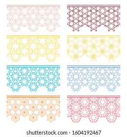 Set of colorful seamless borders, line patterns. Tribal ethnic arabic, indian decorative ornaments, fashion lace collection. Isolated design elements for headline, banners, wedding invitation cards