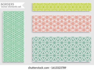 Set of colorful seamless borders, line patterns. Tribal ethnic arabic, indian decorative ornaments, fashion lace collection. Isolated design elements for headline, banners, wedding invitation cards