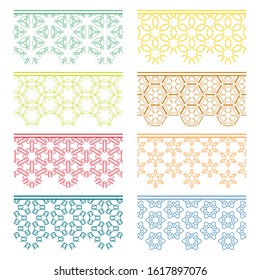 Set of colorful seamless borders, line patterns. Tribal ethnic arabic, indian decorative ornaments, fashion lace collection. Isolated design elements for headline, banners, wedding invitation cards