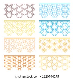 Set of colorful seamless borders, line patterns. Tribal ethnic arabic, indian decorative ornaments, fashion lace collection. Isolated design elements for headline, banners, wedding invitation cards