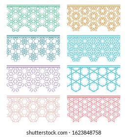 Set of colorful seamless borders, line patterns. Tribal ethnic arabic, indian decorative ornaments, fashion lace collection. Isolated design elements for headline, banners, wedding invitation cards