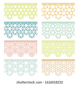 Set of colorful seamless borders, line patterns. Tribal ethnic arabic, indian decorative ornaments, fashion lace collection. Isolated design elements for headline, banners, wedding invitation cards