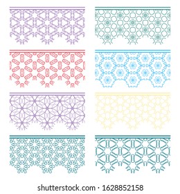 Set of colorful seamless borders, line patterns. Tribal ethnic arabic, indian decorative ornaments, fashion lace collection. Isolated design elements for headline, banners, wedding invitation cards