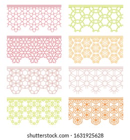 Set of colorful seamless borders, line patterns. Tribal ethnic arabic, indian decorative ornaments, fashion lace collection. Isolated design elements for headline, banners, wedding invitation cards