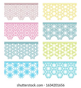 Set of colorful seamless borders, line patterns. Tribal ethnic arabic, indian decorative ornaments, fashion lace collection. Isolated design elements for headline, banners, wedding invitation cards