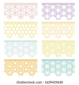 Set of colorful seamless borders, line patterns. Tribal ethnic arabic, indian decorative ornaments, fashion lace collection. Isolated design elements for headline, banners, wedding invitation cards