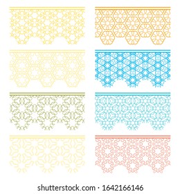 Set of colorful seamless borders, line patterns. Tribal ethnic arabic, indian decorative ornaments, fashion lace collection. Isolated design elements for headline, banners, wedding invitation cards