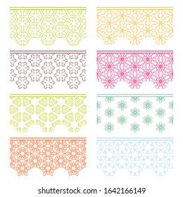 Set of colorful seamless borders, line patterns. Tribal ethnic arabic, indian decorative ornaments, fashion lace collection. Isolated design elements for headline, banners, wedding invitation cards