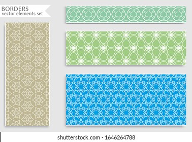 Set of colorful seamless borders, line patterns. Tribal ethnic arabic, indian decorative ornaments, fashion lace collection. Isolated design elements for headline, banners, wedding invitation cards