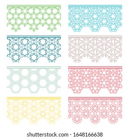Set of colorful seamless borders, line patterns. Tribal ethnic arabic, indian decorative ornaments, fashion lace collection. Isolated design elements for headline, banners, wedding invitation cards