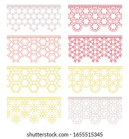 Conjunto de colores sin fisuras, patrones de línea. Ornamentos decorativos indios, colección de encajes de moda. Elementos de diseño aislados para titulares, banners, tarjetas de invitación para bodas