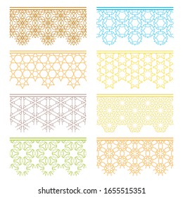 Set of colorful seamless borders, line patterns. Tribal ethnic arabic, indian decorative ornaments, fashion lace collection. Isolated design elements for headline, banners, wedding invitation cards
