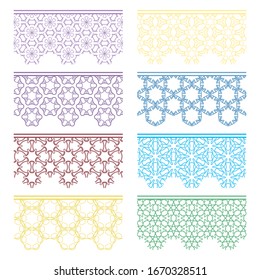 Set of colorful seamless borders, line patterns. Tribal ethnic arabic, indian decorative ornaments, fashion lace collection. Isolated design elements for headline, banners, wedding invitation cards