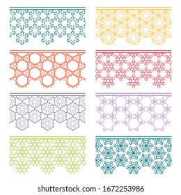 Set of colorful seamless borders, line patterns. Tribal ethnic arabic, indian decorative ornaments, fashion lace collection. Isolated design elements for headline, banners, wedding invitation cards