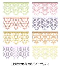 Set of colorful seamless borders, line patterns. Tribal ethnic arabic, indian decorative ornaments, fashion lace collection. Isolated design elements for headline, banners, wedding invitation cards