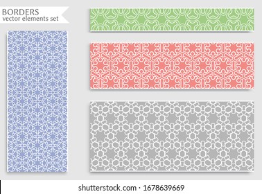 Conjunto de colores sin fisuras, patrones de línea. Ornamentos decorativos indios, colección de encajes de moda. Elementos de diseño aislados para titulares, banners, tarjetas de invitación para bodas