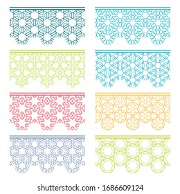 Set of colorful seamless borders, line patterns. Tribal ethnic arabic, indian decorative ornaments, fashion lace collection. Isolated design elements for headline, banners, wedding invitation cards