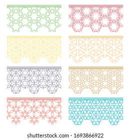 Set of colorful seamless borders, line patterns. Tribal ethnic arabic, indian decorative ornaments, fashion lace collection. Isolated design elements for headline, banners, wedding invitation cards