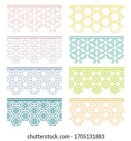 Set of colorful seamless borders, line patterns. Tribal ethnic arabic, indian decorative ornaments, fashion lace collection. Isolated design elements for headline, banners, wedding invitation cards