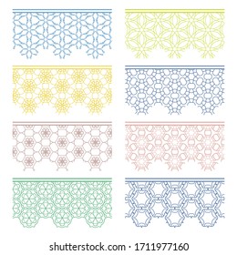 Set of colorful seamless borders, line patterns. Tribal ethnic arabic, indian decorative ornaments, fashion lace collection. Isolated design elements for headline, banners, wedding invitation cards