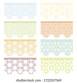 Set of colorful seamless borders, line patterns. Tribal ethnic arabic, indian decorative ornaments, fashion lace collection. Isolated design elements for headline, banners, wedding invitation cards